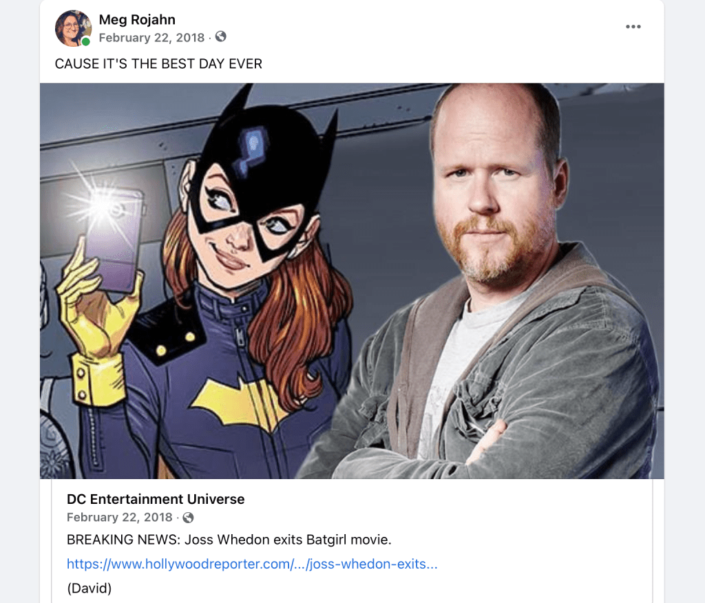 Facebook post Celebrating Whedon's exit from the Batgirl movie in 2018.